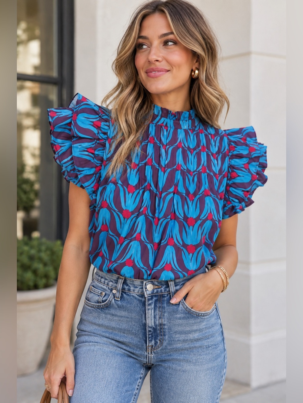 Oliphant Pintuck Blue and Burgundy Floral Ruffle-Sleeve Blouse large